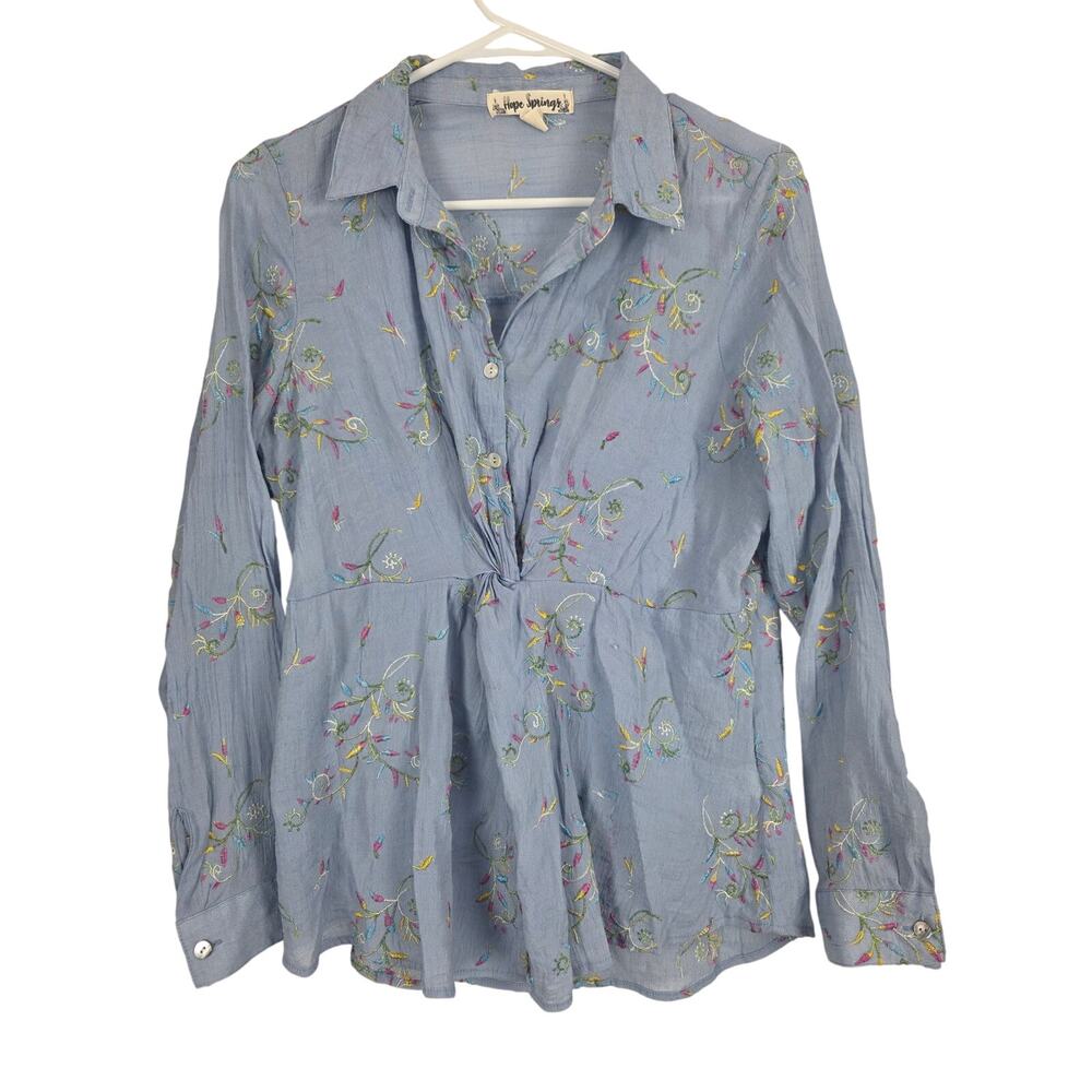 Hope Springs Cottage‎ Core Embroidered Popover Top M Womens Blue Long Sleeve